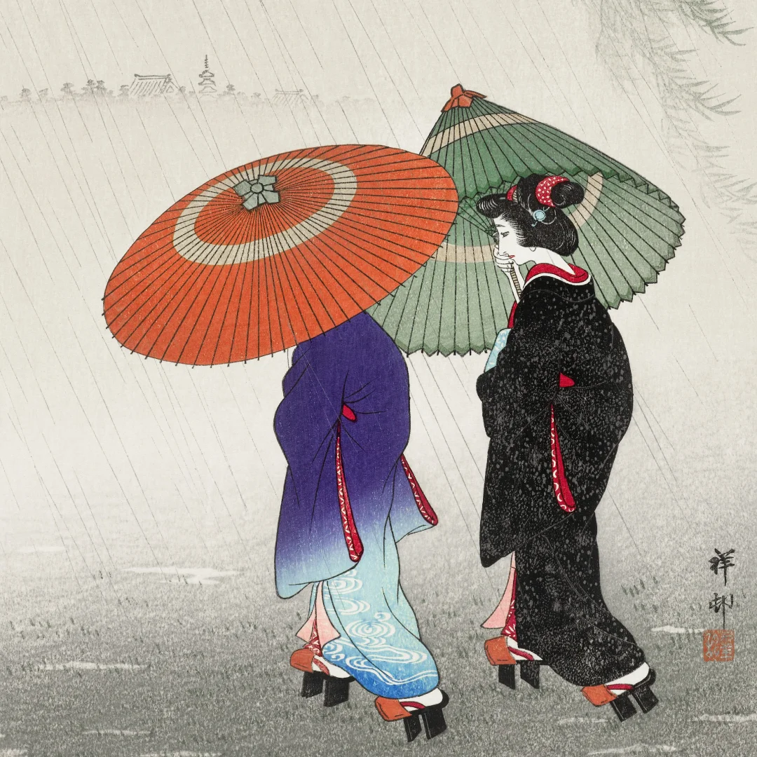 Nhdesign project Quarenta e três: Illustration of two Japanese figures with colourful umbrellas used in Quarenta e Três brand universe