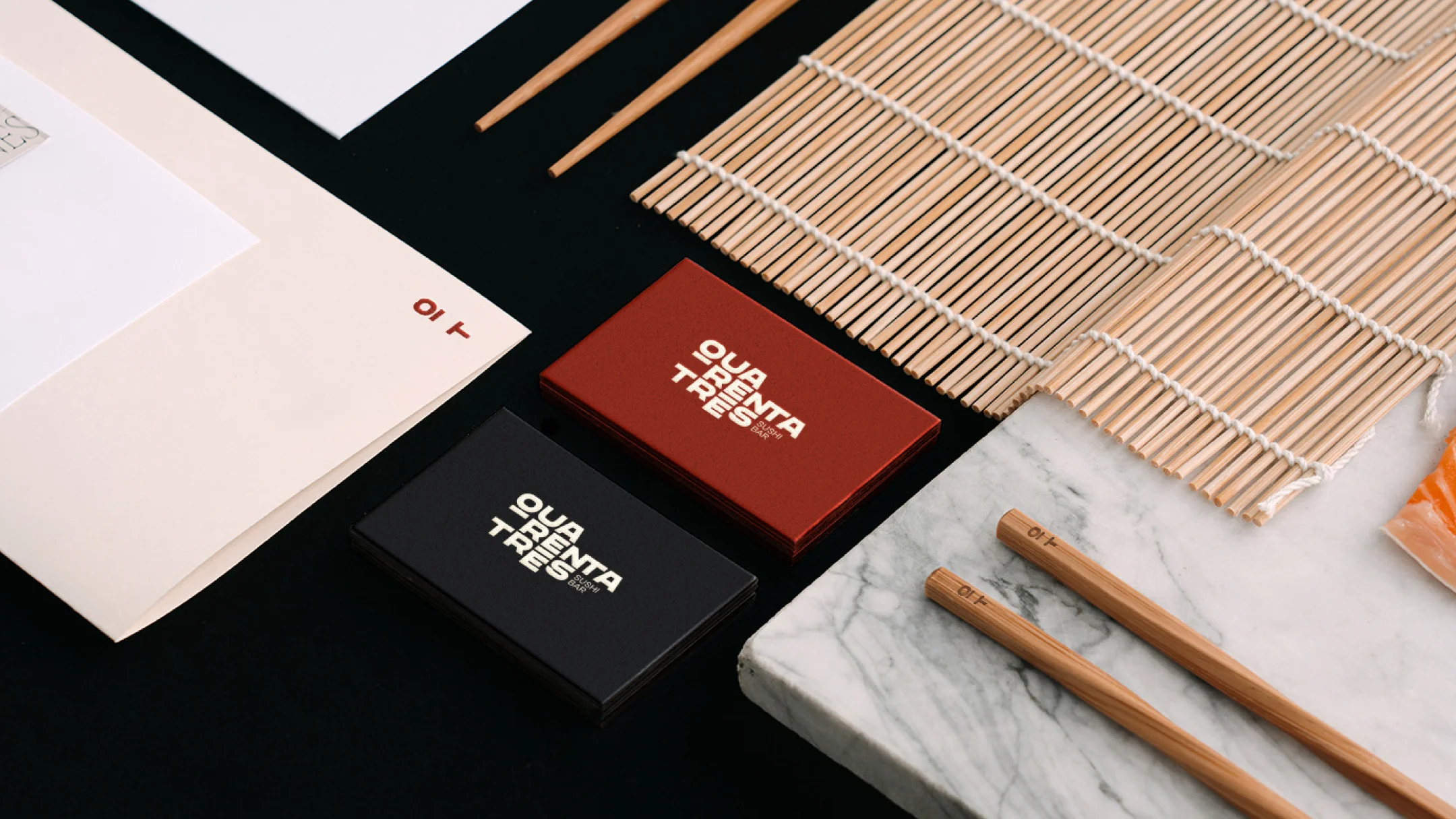 Nhdesign project Quarenta e três: Quarenta e Três corporate stationery set in black, red, and white