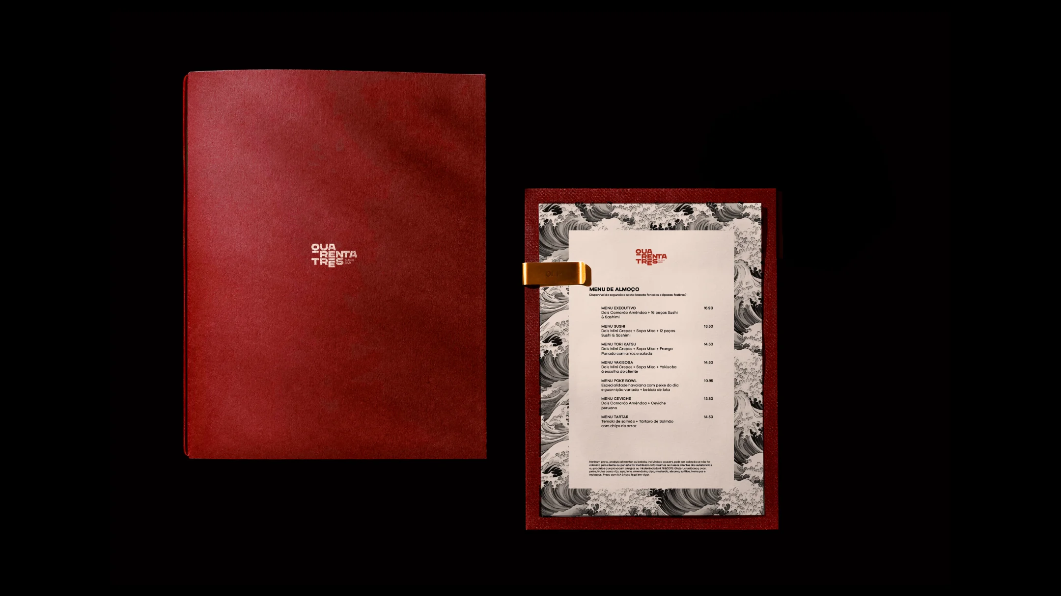 Nhdesign project Quarenta e três: Quarenta e Três printed menu in red and white on black background