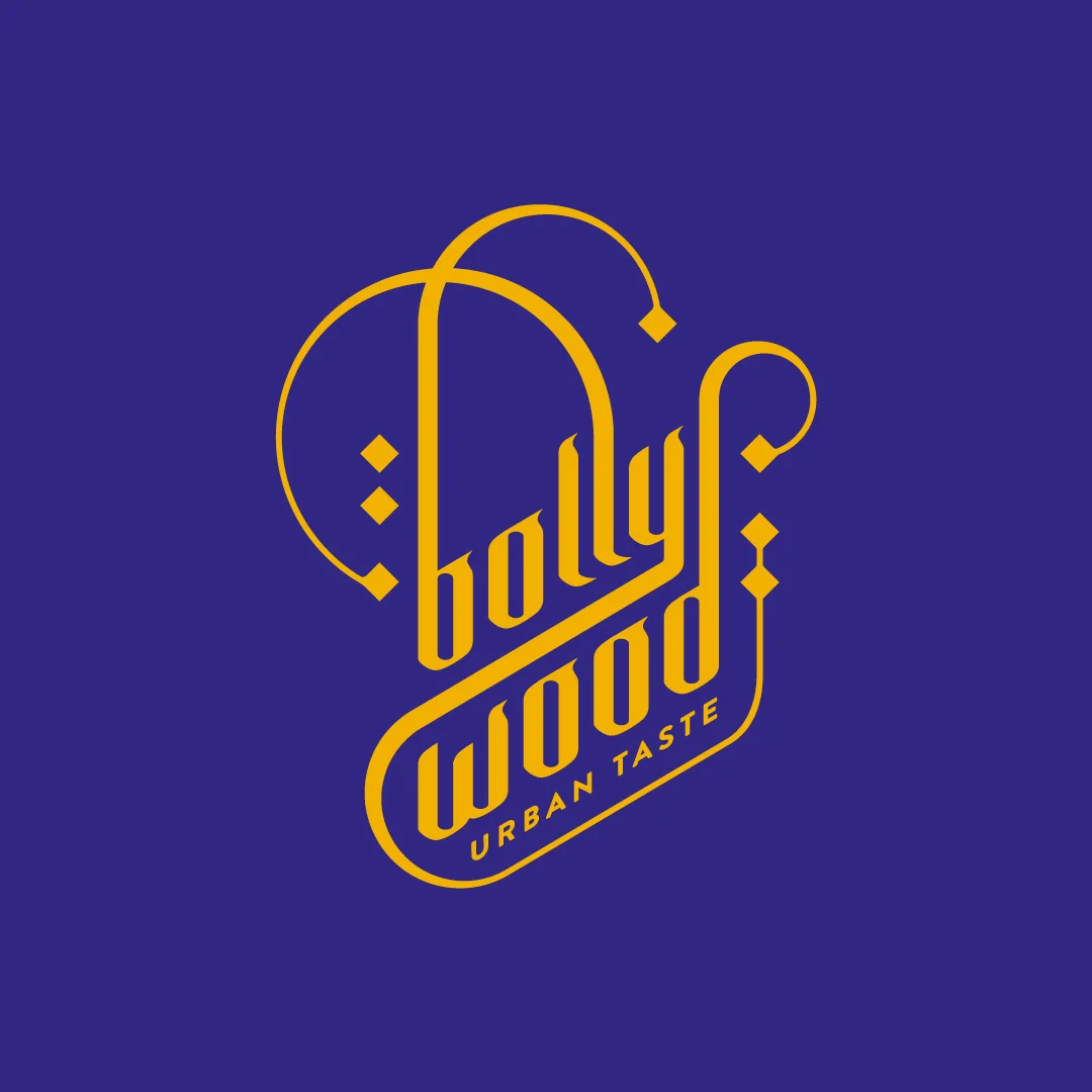 Nhdesign project Bollywood: Bollywood logo in yellow typography on purple background