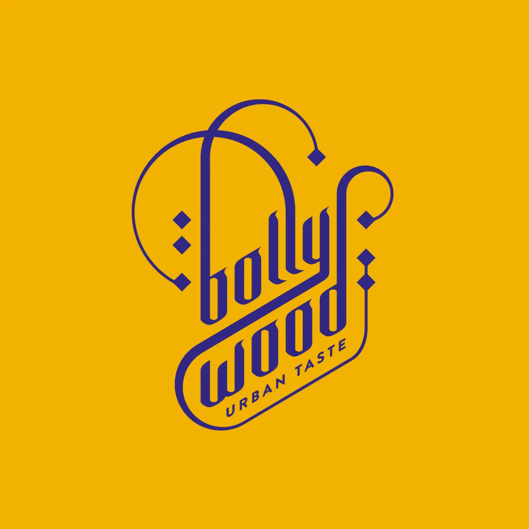 Nhdesign project Bollywood: Bollywood logo in purple typography on yellow background