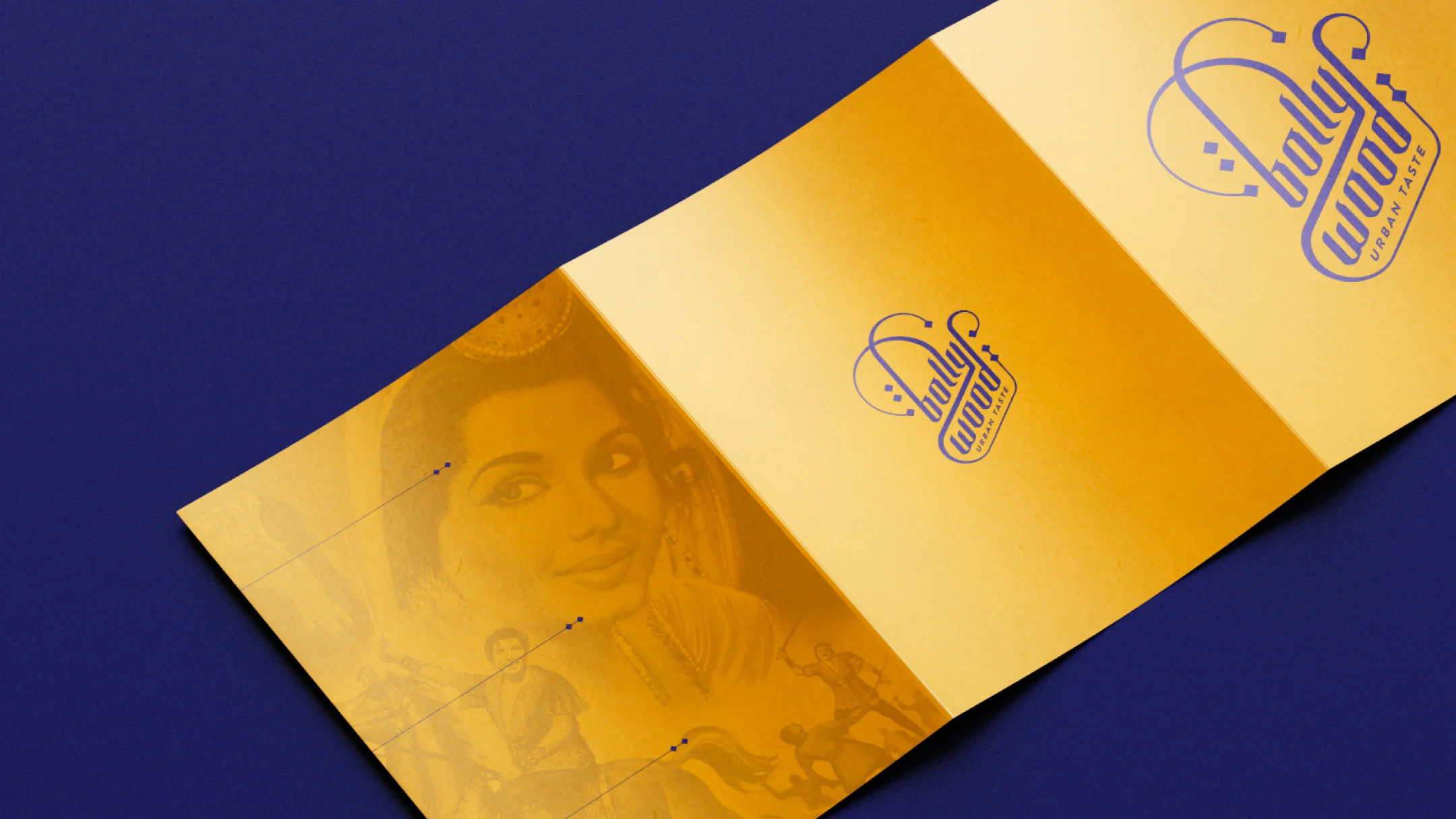 Nhdesign project Bollywood: Bollywood folded menu in yellow and purple with graphic elements and logo