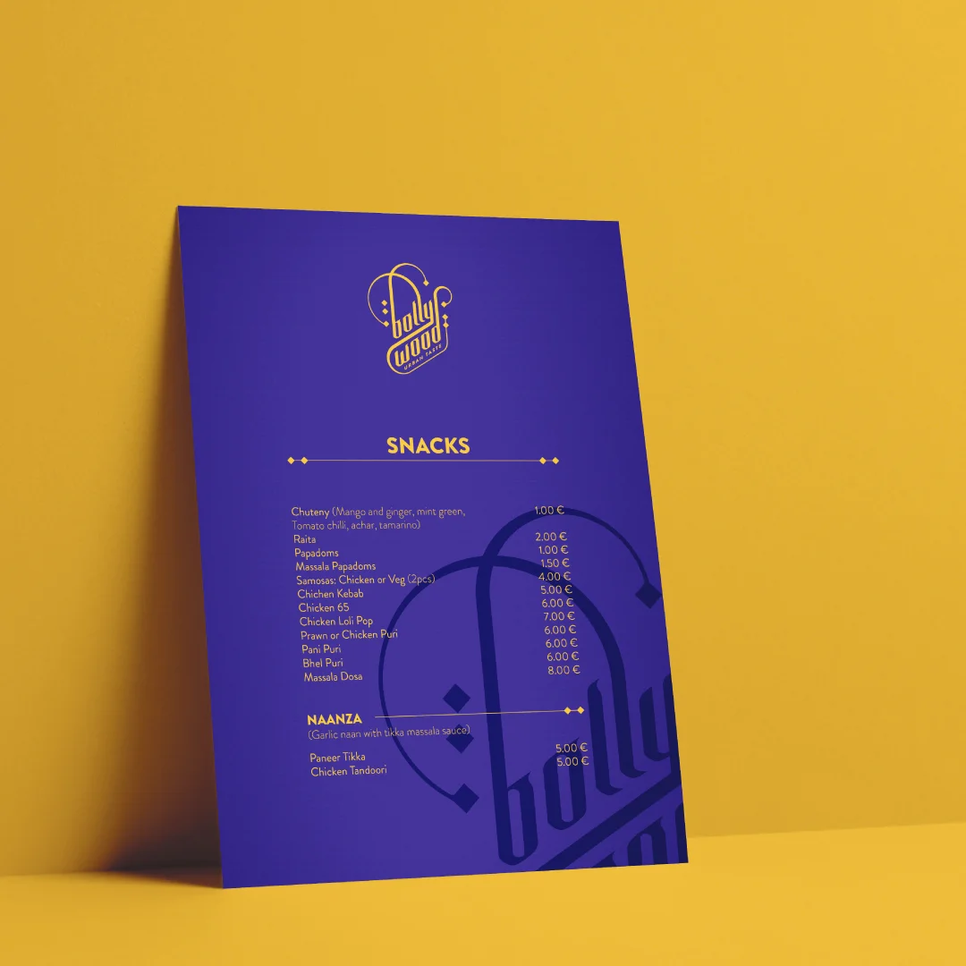 Nhdesign project Bollywood: Bollywood vertical menu in purple with white typography on yellow background
