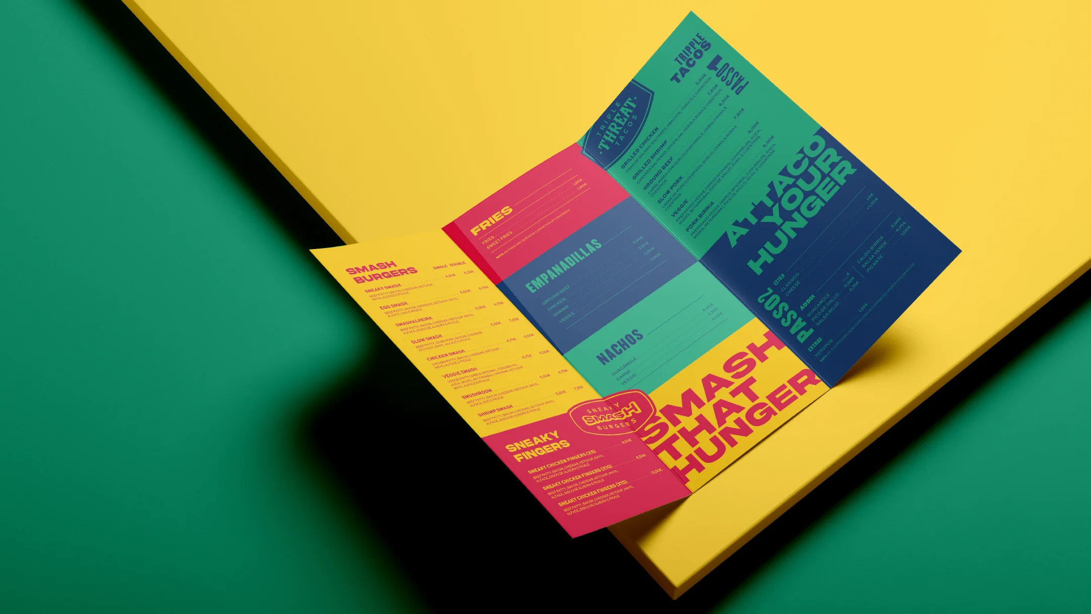 Nhdesign project SMASH VS THREAT: Menu with colorful graphic design in green, yellow, and red