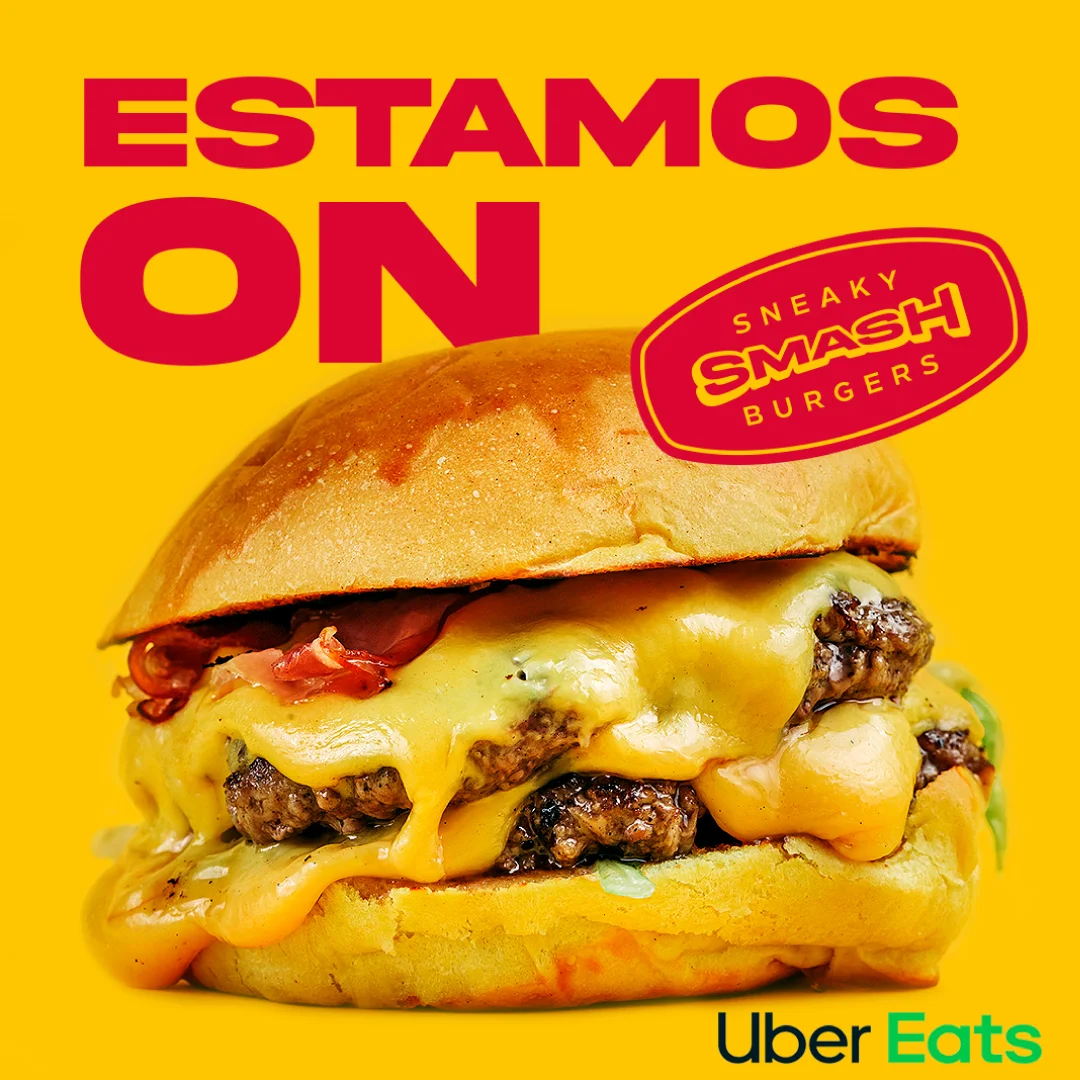Nhdesign project SMASH VS THREAT: Sneaky Smash Burgers promotional poster in yellow and red with “Estamos On” on UberEats