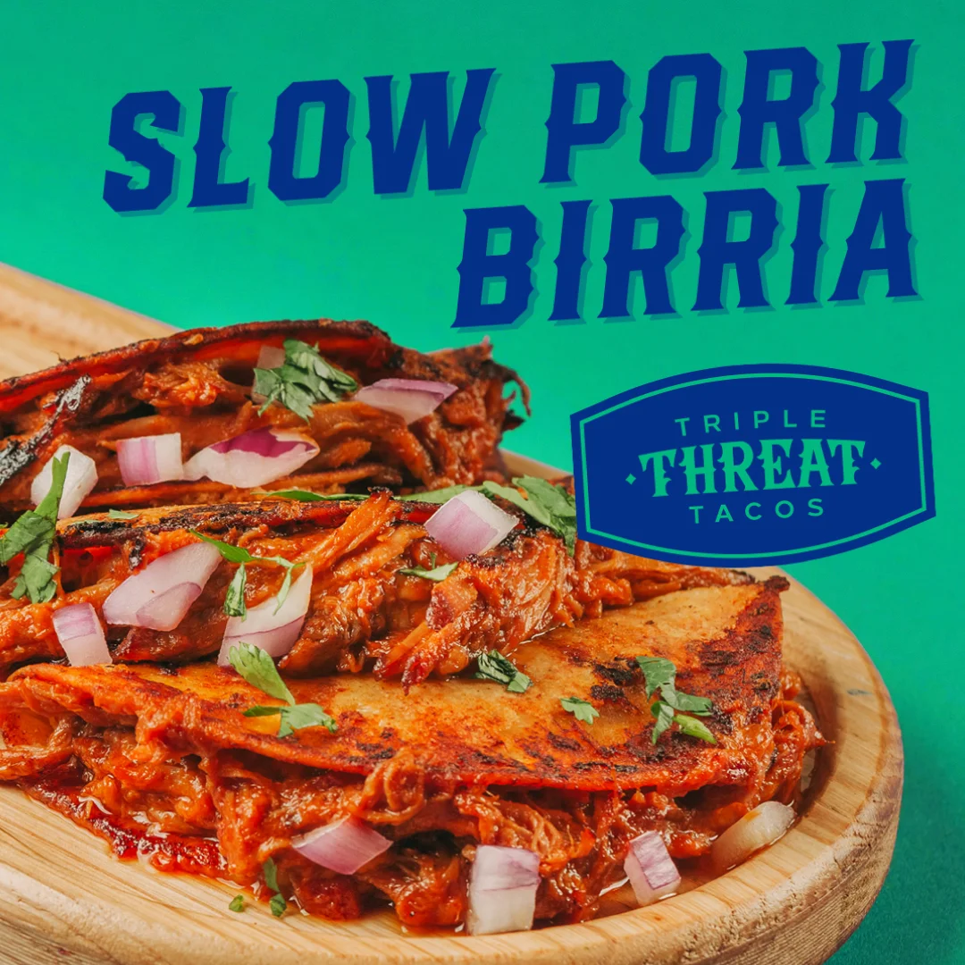 Nhdesign project SMASH VS THREAT: Taco with shredded birria-style meat and Triple Threat Tacos blue logo