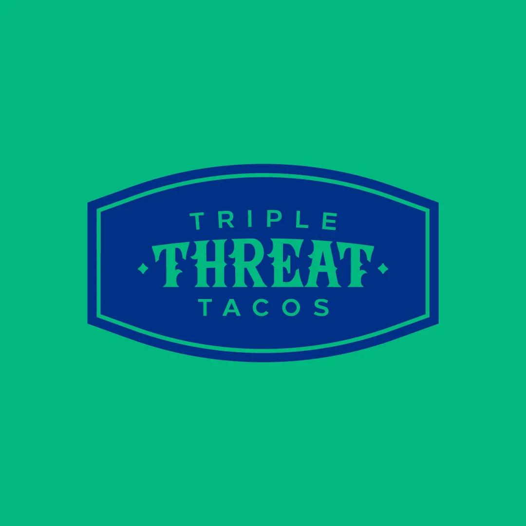 Nhdesign project SMASH VS THREAT: Triple Threat Tacos logo in blue on green background