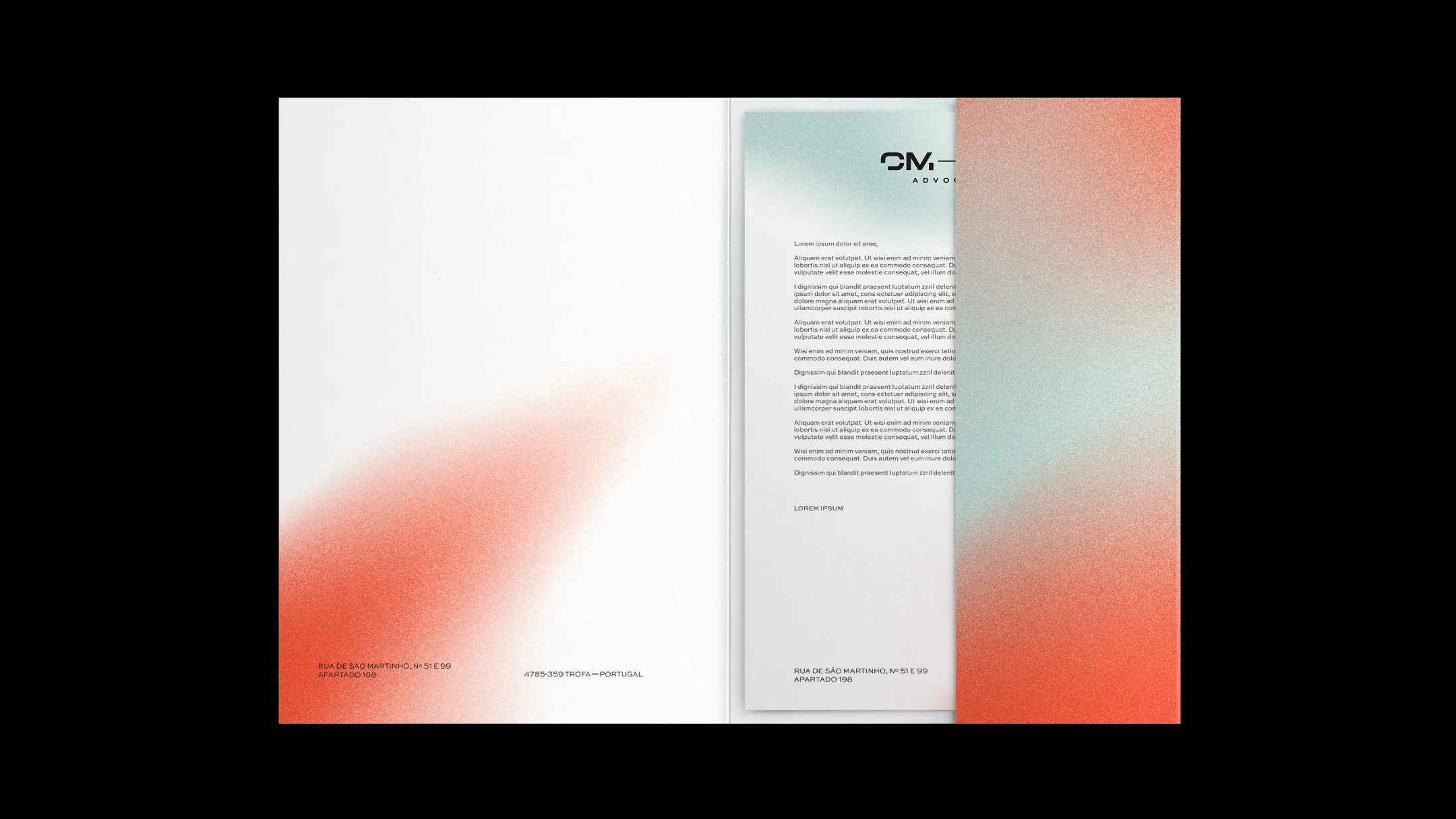 Nhdesign project CM-LN Advogadas: Open folder with letter sheet inside on a black background