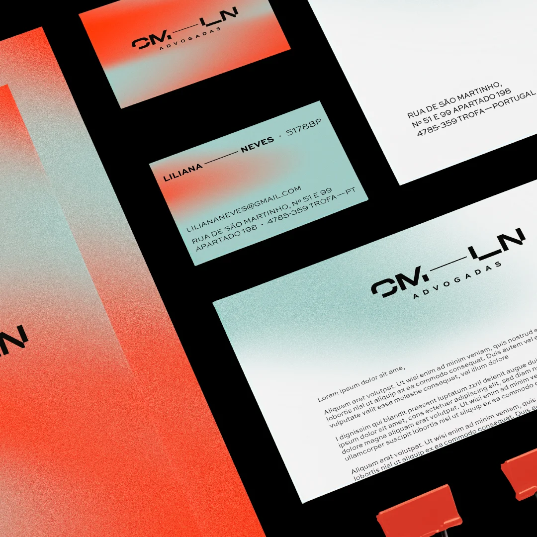 Nhdesign project CM-LN Advogadas: Brand stationery on black background