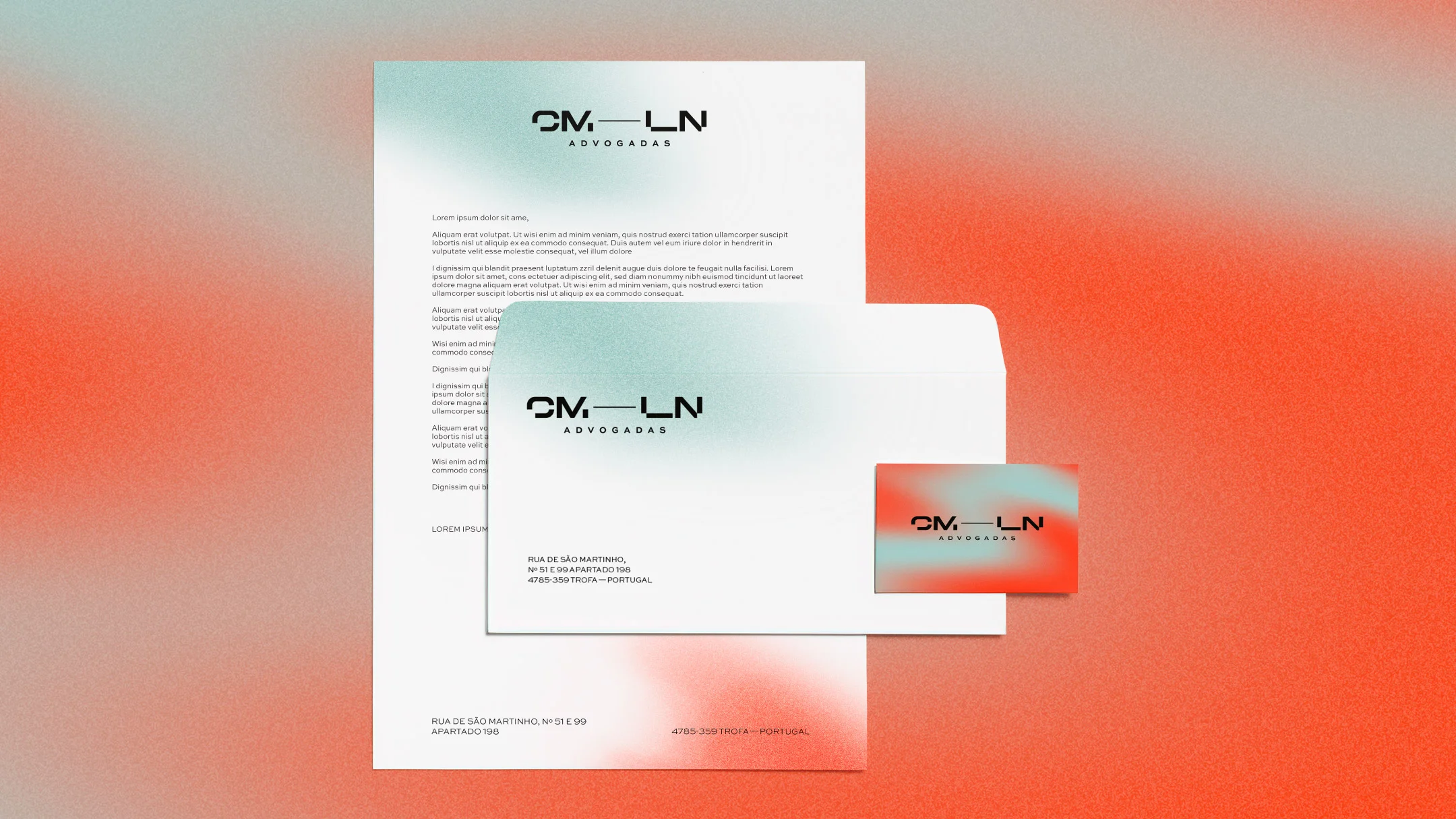Nhdesign project CM-LN Advogadas: Brand stationery on background with blue and red gradient: letterhead, envelope, and business card
