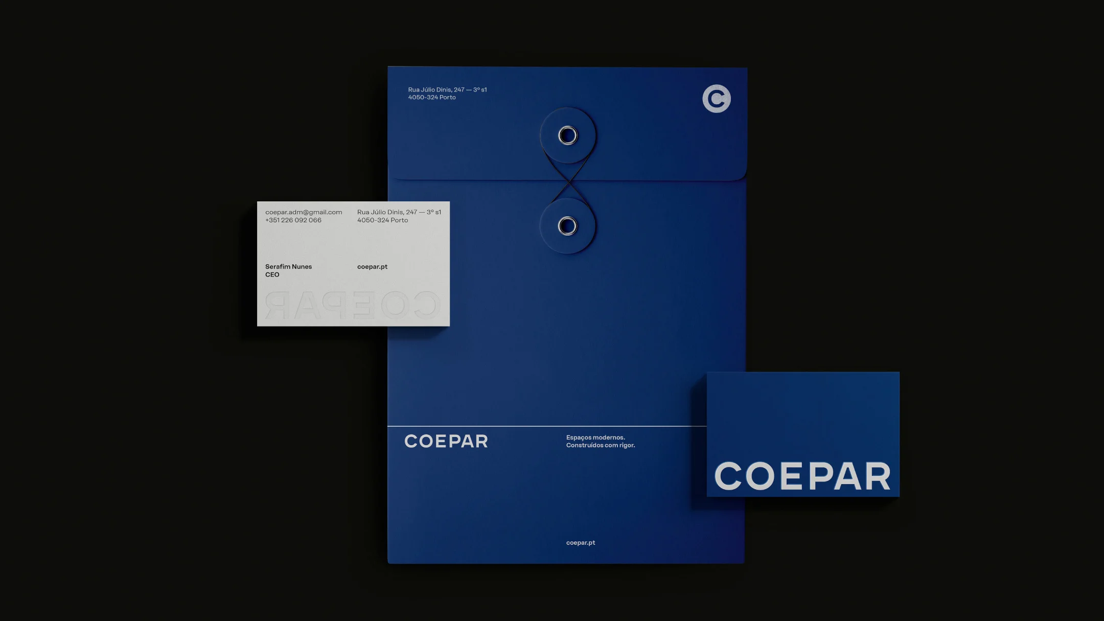 Nhdesign project Coepar: Coepar stationery items including card and folders in dark blue