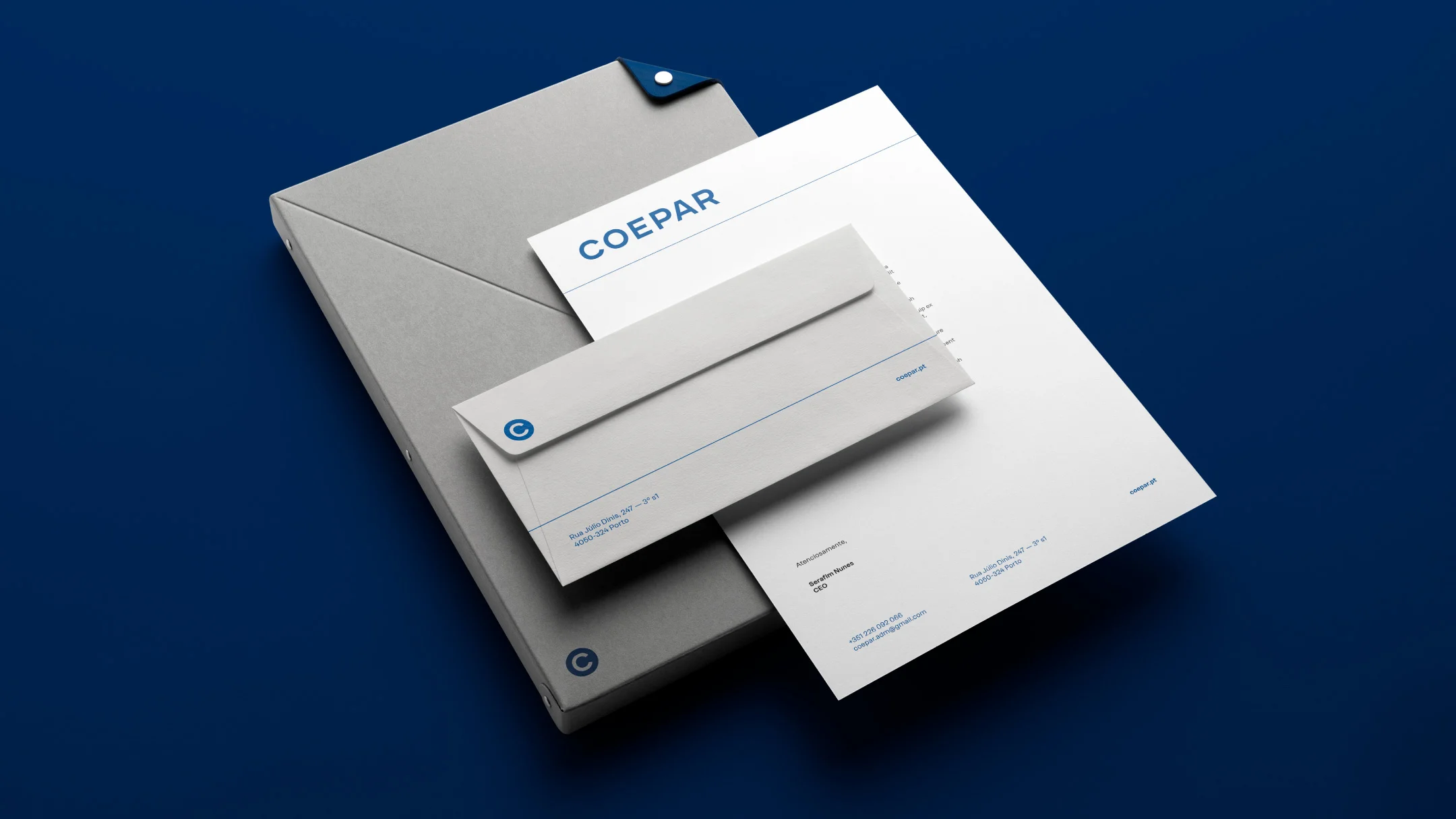 Nhdesign project Coepar: Coepar envelopes and documents arranged in a corporate layout