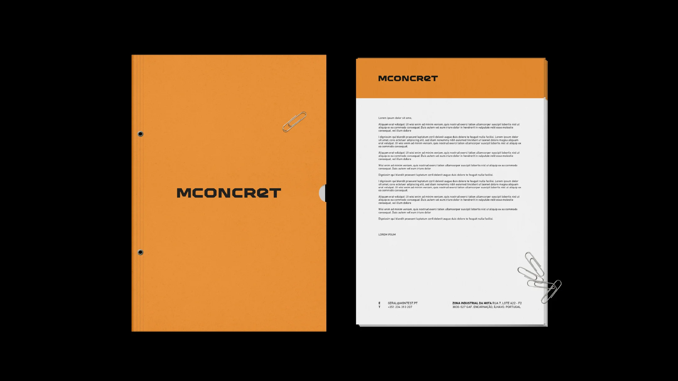 Nhdesign project Mconcret: Mconcret cover and corporate document in orange and white.