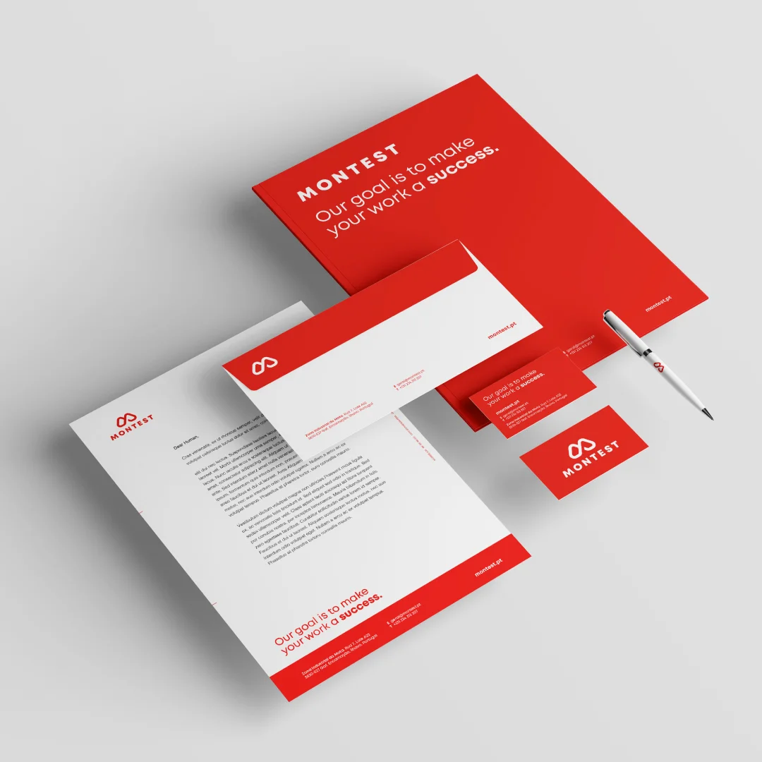Nhdesign project Montest: Montest communication materials including business cards and folders.
