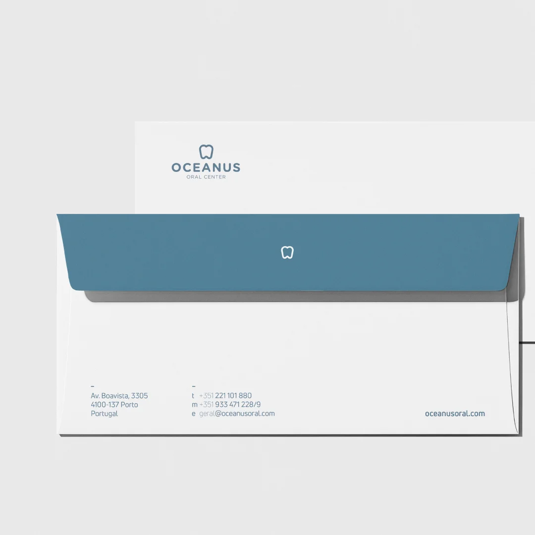 Nhdesign project OCEANUS: White Oceanus Oral Center envelope with blue flap