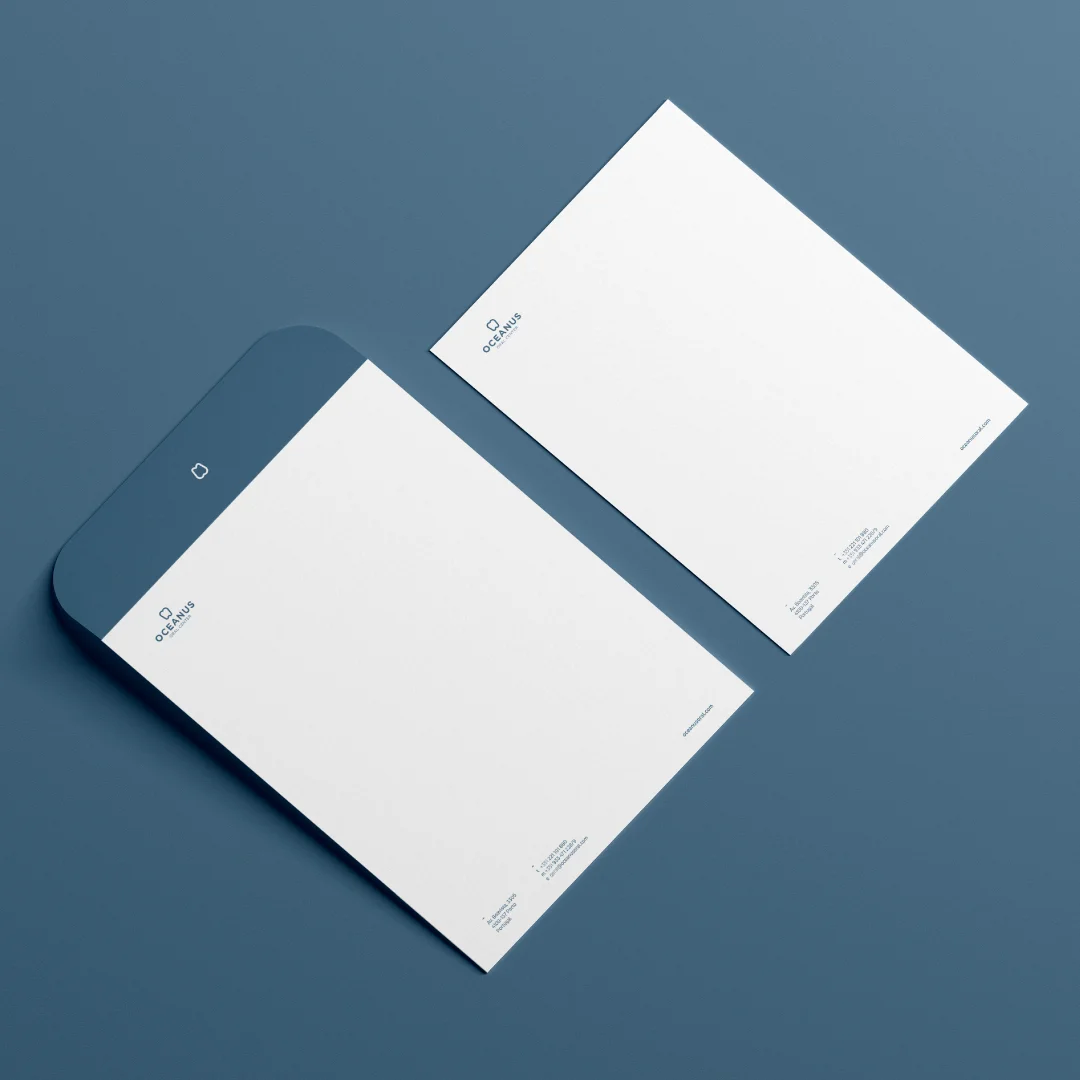 Nhdesign project OCEANUS: White Oceanus Oral Center envelope with blue flap