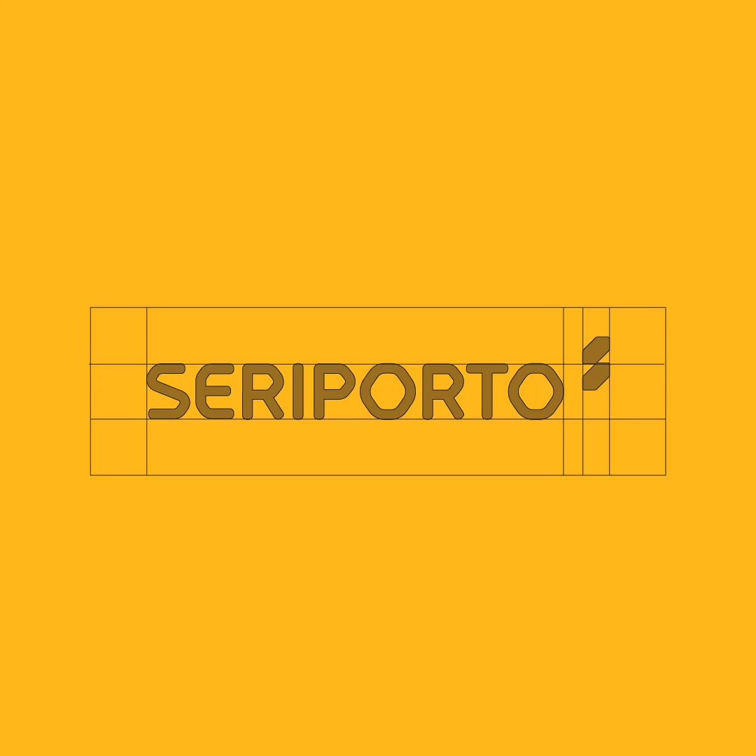 Nhdesign project Seriporto: Seriporto logo with typographic construction grid on a yellow background.