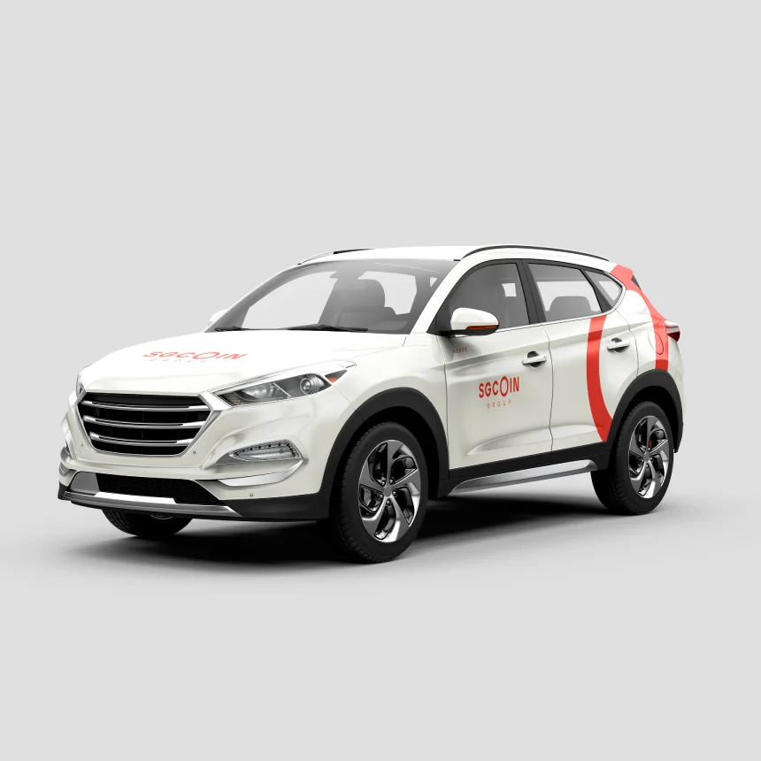 Nhdesign project SGCOIN: Brand applied to a car with coherent language and immediate recognition