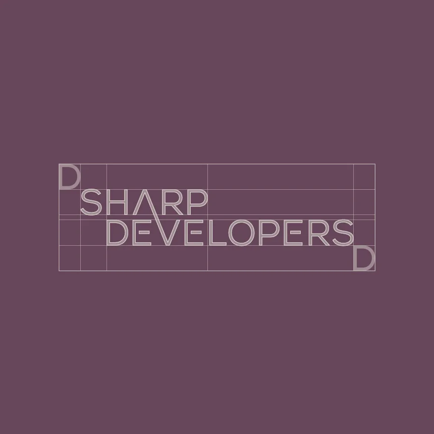 Nhdesign project Sharp Developers: Construction grid of the Sharp Developers logo on a purple background.
