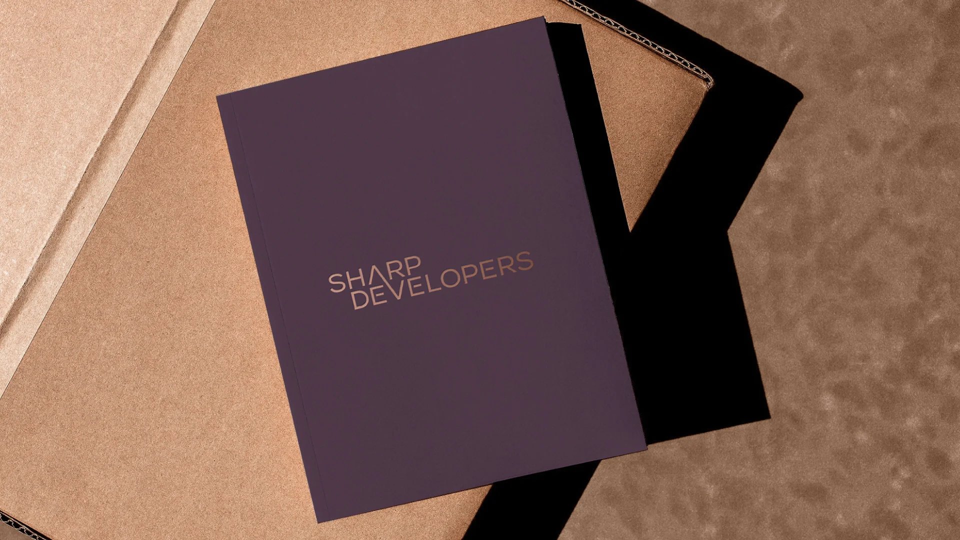Nhdesign project Sharp Developers: Photograph of a Sharp Developers book on a cardboard box, viewed from above.