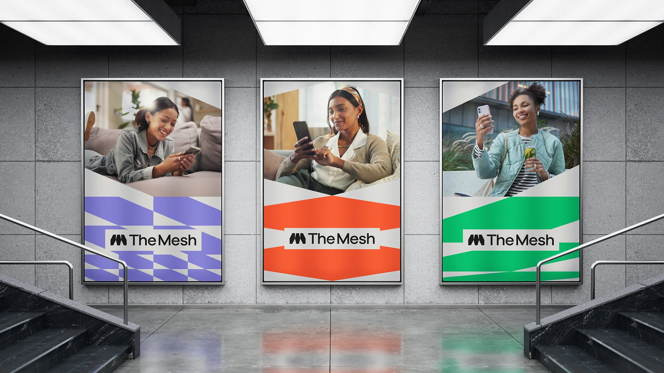 Nhdesign project The Mesh: Posters displayed in an exhibition environment with strong graphic language