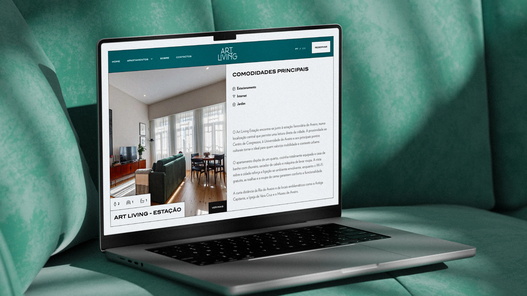 Nhdesign project Art Living: Website displayed on a laptop presenting information about the apartments