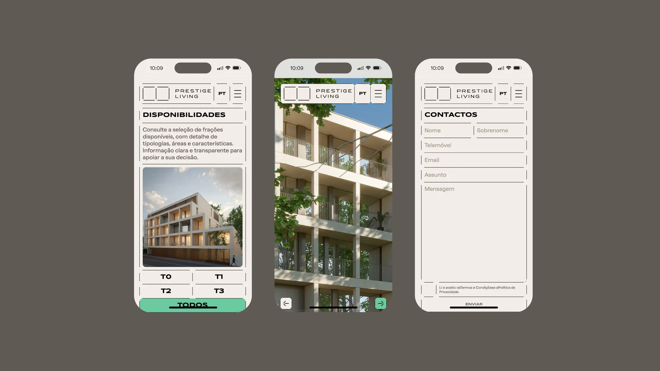 Nhdesign project Prestige Living: Prestige Living website adapted for mobile devices, with access to availability and contact information
